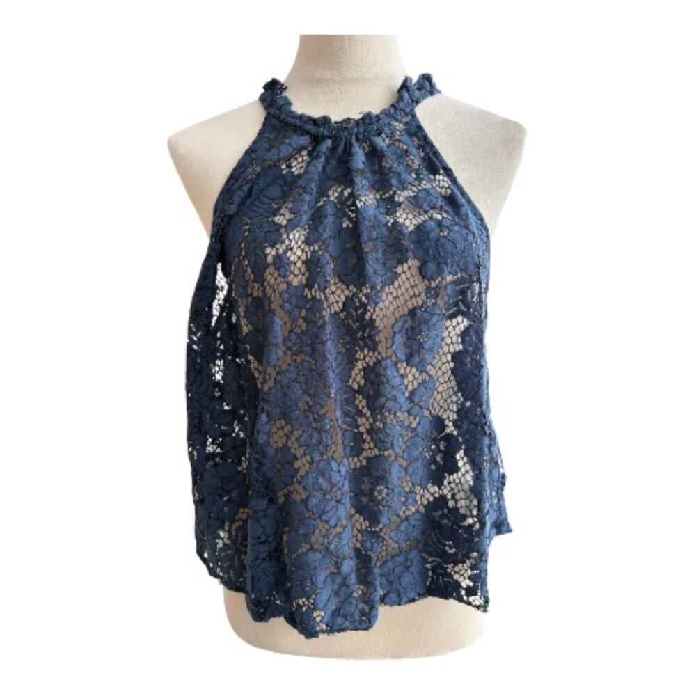 Free People Navy Blue Lace Halter Overlay Sleeveless Sheer - Size L (2502-1)